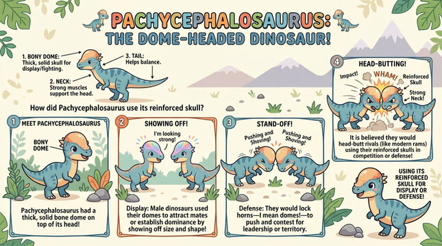 Pachycephalosaurus Dinosaur Facts Infographic Educational Cartoon Poster for Kids