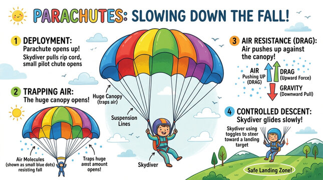 Educational Science Infographic Showing How a Parachute Works for Kids