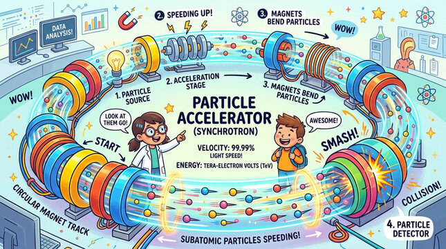 Educational Cartoon Illustration of a Particle Accelerator Synchrotron Science Diagram for Kids