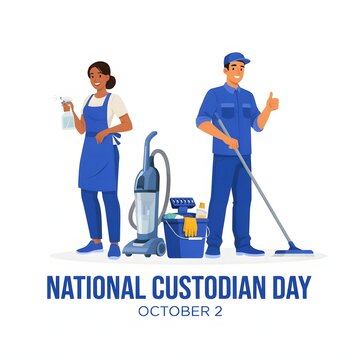 National Custodian Day October 2 modern design featuring professional cleaners and janitorial supplies honoring hardworking custodians cleanliness maintenance service and workplace hygiene
