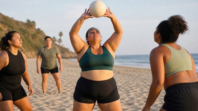 Plus size women playing volleyball on sandy beach at sunset. Curvy friends throwing ball during summer beach game. Active lifestyle, body positivity and outdoor sport concept.