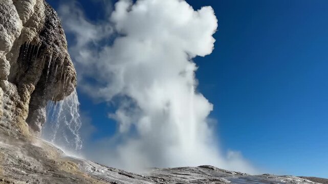 A powerful geyser erupts, shooting a tall column of hot water and white steam into a clear blue sky. The rendering captures dynamic water movement and detailed rock textures.
