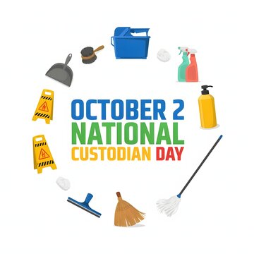 National Custodian Day October 2 clean modern poster featuring colorful janitorial tools celebrating custodial workers sanitation services workplace hygiene and appreciation