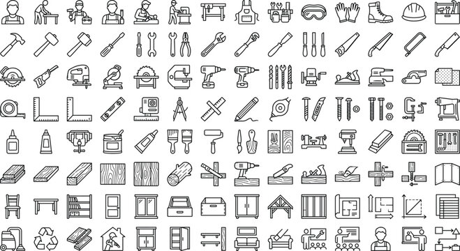 Construction and carpentry tools line icon set featuring hammers, drills, saws, measuring instruments, woodworking equipment, furniture and workshop symbol