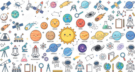 Cute space exploration illustration collection featuring planets, astronauts, rockets, satellites, telescopes, solar system icons and colorful cosmic elements © Md Rubel