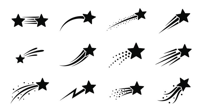 Set of black shooting star icons isolated on white background comet vector illustration collection