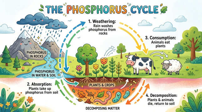 Cute Cartoon Phosphorus Cycle Diagram for Kids Education and Science Infographic