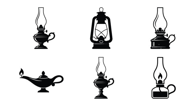 Collection of black silhouette lamps and oil burners on a white background
