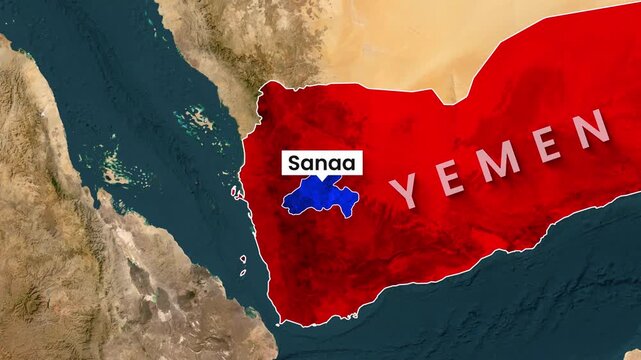 Animated motion graphic showing yemen highlighted with sanaa city in motion