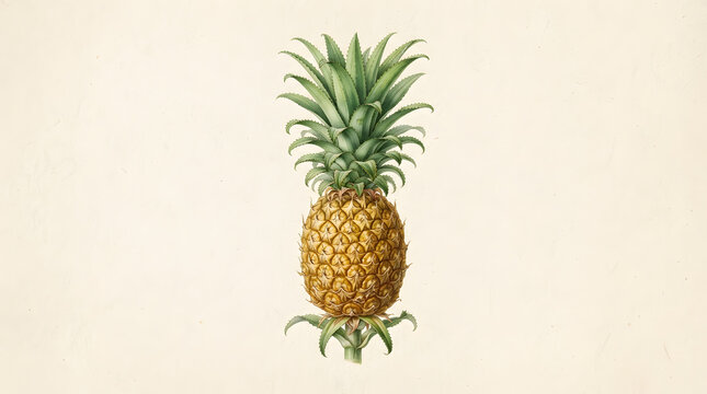 Watercolor illustration of a ripe pineapple with green leaves on a vintage cream background