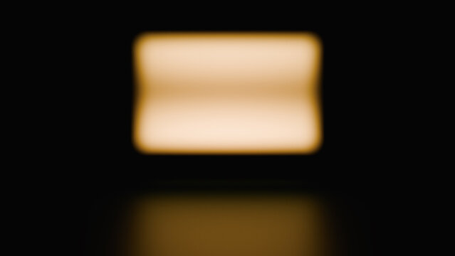 Blurred rectangular light source emitting warm glow against dark background with faint reflections on reflective surface, gobo light effect, moody atmospheric.