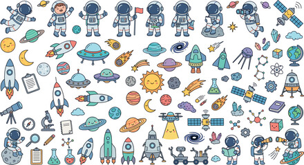 Cute Space Exploration Doodle Collection with Astronauts, Rockets, Planets, Satellites, UFOs, Stars and Scientific Elements © Md Rubel