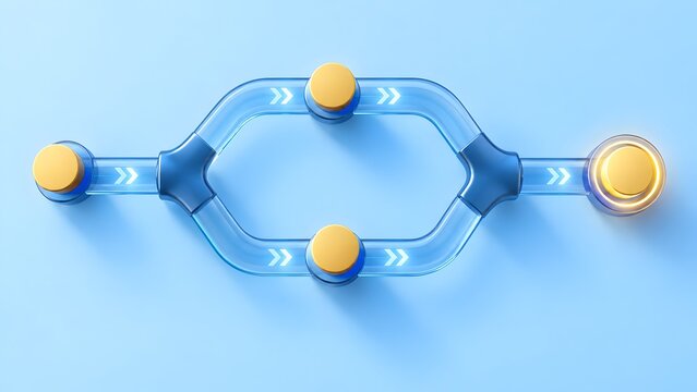 Blue transparent pipeline splitting and merging with glowing yellow tokens representing parallel workflow process