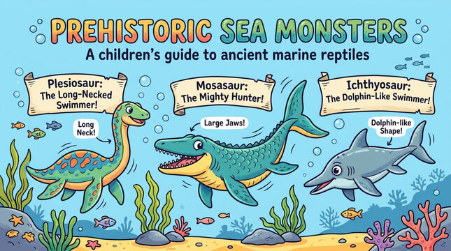 Educational Children Guide to Prehistoric Sea Monsters Illustration with Plesiosaur Mosasaur and Ichthyosaur