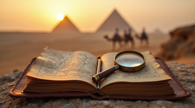 Authentic historical exploration journal in Egypt with hand drawn maps