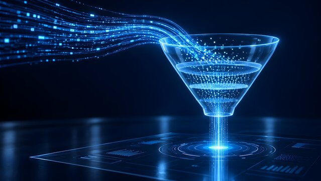 Transparent glass funnel filtering blue digital data stream onto virtual dashboard representing information analytics