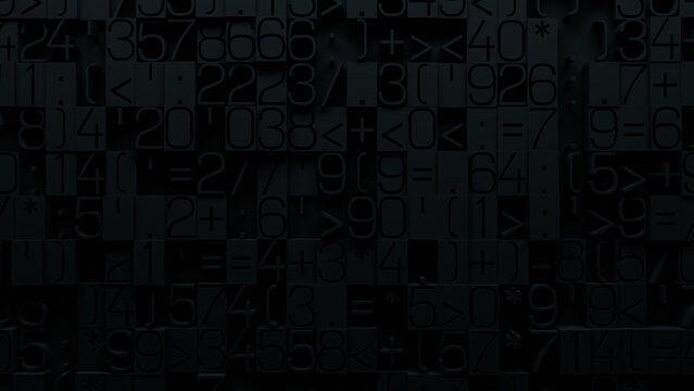 Close-Up of Textured Black and White Mosaic of Raised and Recessed Mathematical Symbols and Numbers, Capturing Complex Patterns Ideal for Educational and Creative Design Applications