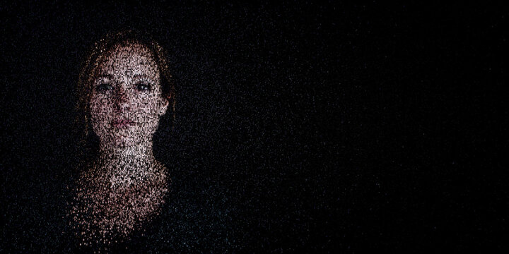 Digital ID Portrait of Woman with Face made up of Numbers and Symbols. Encryption Concept with copy-space.