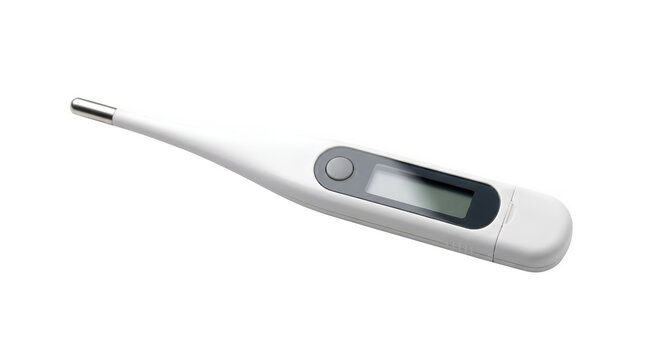 Digital medical thermometer, white electronic body temperature device, clinical health diagnostic tool on white background