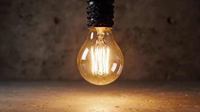 An edison style light bulb hangs in a dark room and flickers on and off. This visual shows a warm glowing light source against a textured concrete background for creative projects.