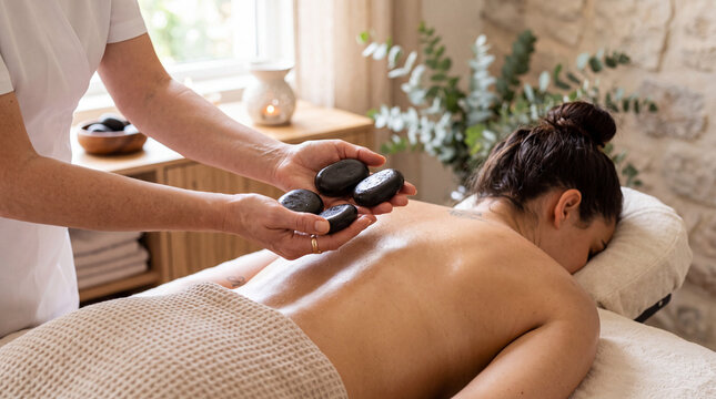 Professional therapist holding dark smooth hot basalt stones for relaxing body massage session