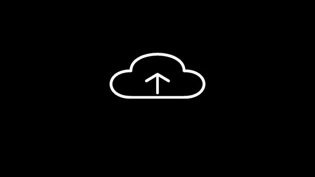 Minimalist white line animation of cloud upload icon on black background.
