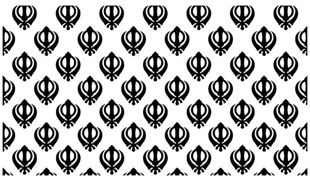 Khanda Sikh religious symbol seamless pattern black and white vector design