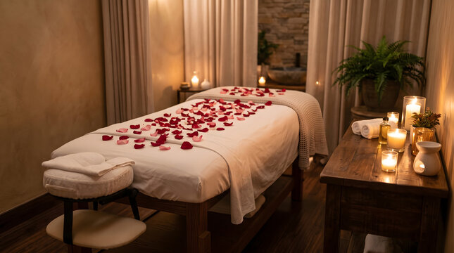 Empty spa massage bed decorated with rose petals and surrounded by candles in a dim treatment room