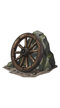 Old wooden cart wheel leaning against a mossy stone on dirt ground