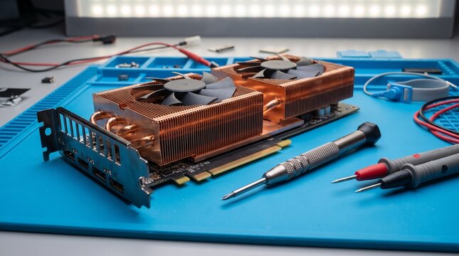 inspecting computer graphics processing unit gpu with copper heatsink and dual cooling fans on repair workbench