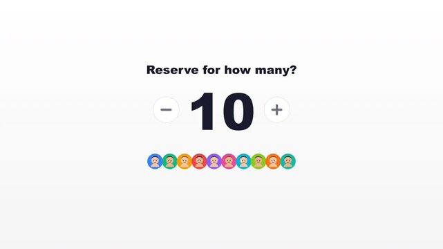 Booking for ten people with user icons and plus minus buttons