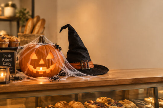 Halloween pumpkin with candle, cobwebs and witch hat on bakery counter, party decoration display concept