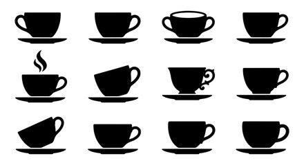 Fototapeta premium 12 Coffee Cup Icons, Black Silhouette Tea Saucer Set, Hot Beverage Drinkware Collection, Cafe Restaurant Graphic Elements