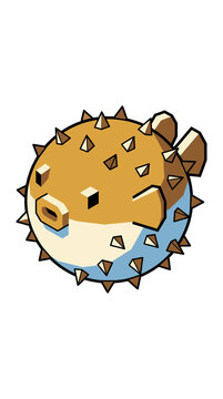 A cute round puffer fish with brown and blue coloring and spiky triangular quills on a white background