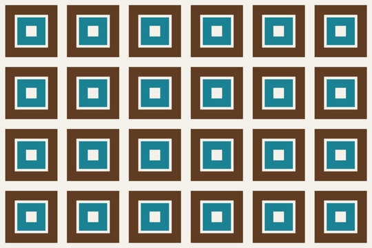 Concentric square tiles with white keylines in brown and teal on cream