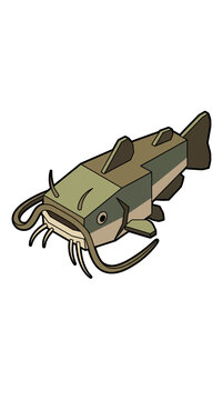 Isometric vector illustration of a green catfish with long facial barbels