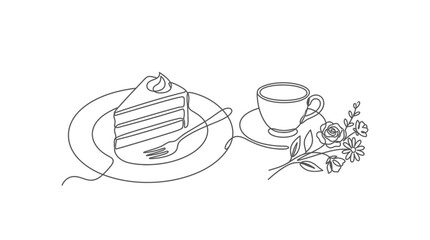 Minimalist Continuous One Line Drawing of Cake Slice Coffee Cup and Flowers © bakthomas