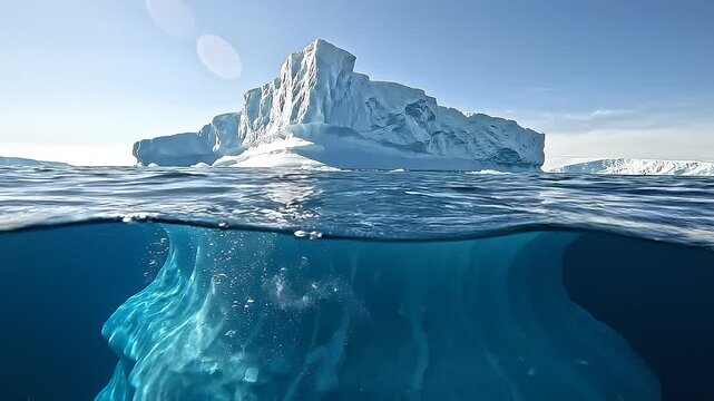 Massive iceberg floating in crystal clear polar ocean, cinematic underwater view showing the enormous submerged ice formation and bubbles.