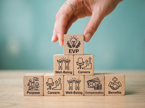 Employee Value Proposition (EVP) Concept: Hand Stacking Wooden Blocks with Icons for Purpose, Careers, Well-Being, Compensation, and Benefits in Human Resources Strategy.