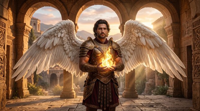 Archangel Uriel in bronze armor holding glowing flame of divine light in ancient stone courtyard at sunset, biblical photo