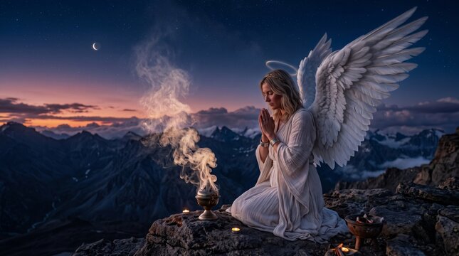 Angel in white robes kneeling in prayer on mountain peak at dusk with glowing censer smoke and candles under starry sky, photo