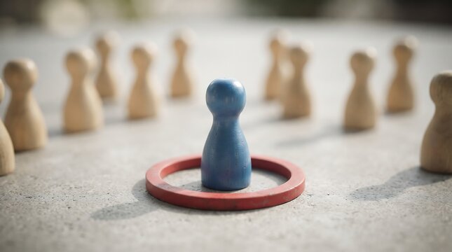Blue Pawn Center in Red Circle Guarded from Wooden Figures, Mental Health Personal Boundaries Social Distancing and Introvert Lifestyle Concept