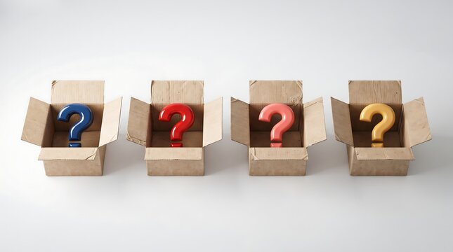 Colorful question marks emerging from open cardboard boxes on white background with question mark problem solving business questions decision making business growth