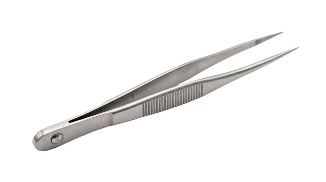 Stainless steel tweezers with pointed tips, professional metal medical forceps, precision surgical tool on white background