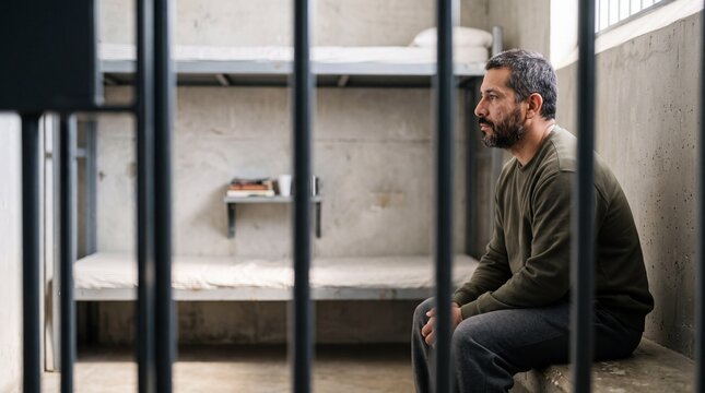 Depressed hispanic prisoner sitting inside jail cell behind metal bars. Convicted inmate serving sentence in penitentiary detention room during correctional rehabilitation program.