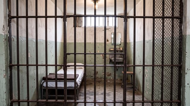 Empty historic prison cell with rusty iron bars, metal cot and peeling walls, representing penitentiary confinement, correctional facility justice and criminal detention isolation.