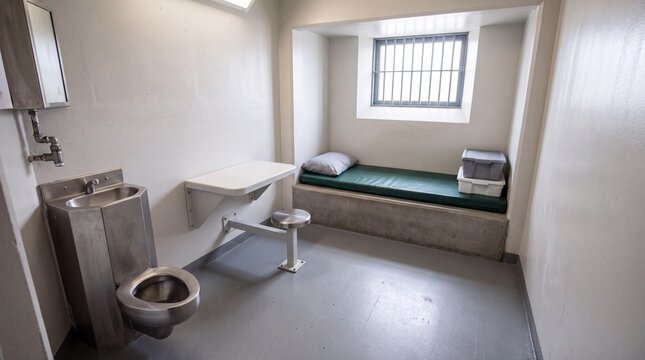 Empty modern prison cell with stainless steel toilet and barred window, representing criminal justice, solitary confinement and correctional facility incarceration system.