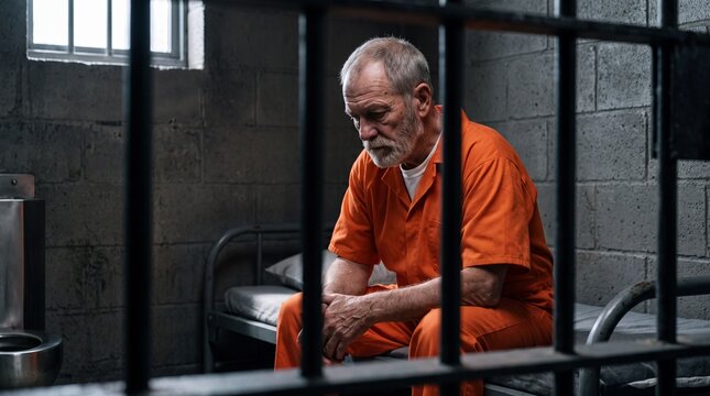 Elderly caucasian prisoner sitting on metal cot behind iron bars. Depressed senior convict serving long sentence in solitary confinement inside penitentiary cell.