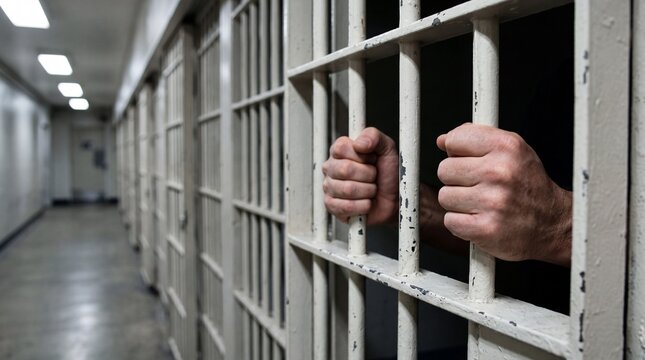 Prison cell bars with two hands gripping painted metal railing, representing criminal justice reform, penal system incarceration and correctional detention confinement.