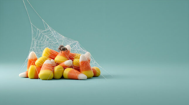 Colorful candy corn wrapped in spider web with bee on halloween treat pile illustration